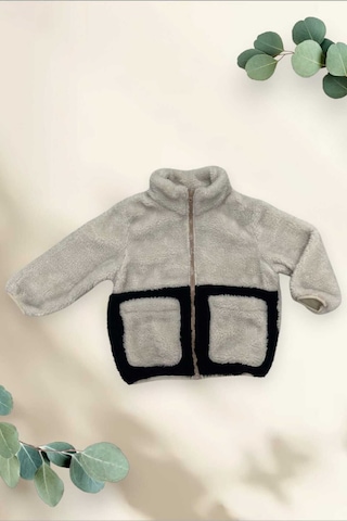 Erkek Çocuk Peluş Ekru Siyah Cepli Fermuarlı Welsoft Kışlık Mont Ekru