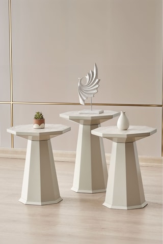 Elegance 3'lü Sehpa,yan Sehpa,zigon Sehpa - Kumtaşı Açık Bej & Traverten Desenli Tabla Kumtaşı Açık Bej Gövde & Traverten Desenli Tabla