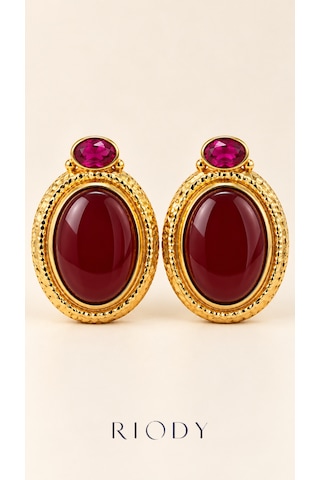 Riody Rubis Velours Gold Renkli Bordo Fuşya Oval Taş Görünümlü Çelik Kadın Küpe