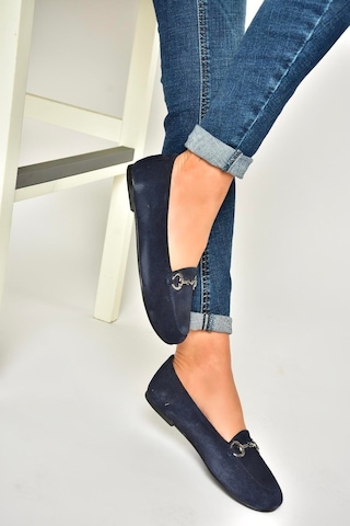 Fox Shoes R667001402 Lacivert Hakiki Deri Süet Kadın Babet Lacivert-süet Lacivert