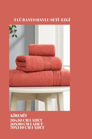 3 Parça Ekonomik Banyo Havlu Seti Pamuklu Ezgi Kiremit