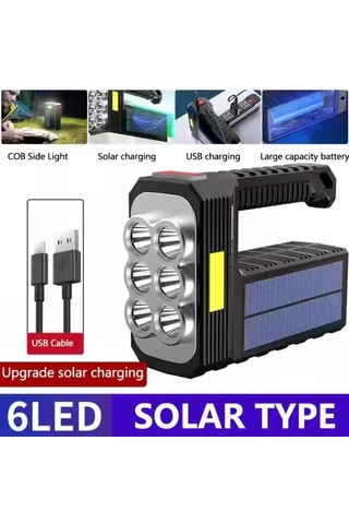 Rongcai Süper Parlak Projektör Su Geçirmez El Feneri 6-8 Led Solar Usb Şarj Edilebilir El Feneri Dış Mekan Cob Siyah