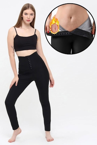 Sauna Termal Tertleme Taytı Agraflı Yüksek Bel Siyah Tayt Siyah