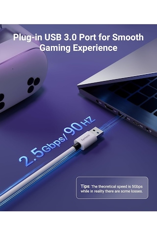 5m Usb 3.0 Vr Link Kablosu Meta Quest 3s/3/quest 2 Uyumlu Ekstra Şarj Portlu Beyaz