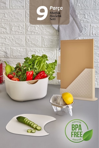 9'lu Mutfak Hazırlık Seti - Dik Standlı Kulplu Kesme Tahtası Karıştırma Kabı Süzgeç Limon Sıkacağı Bej