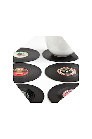 Spelt 6 Adet Vinil Plak Görünümlü Retro Tasarım Konsept Kaydırmaz Bardak Altlığı 10,5 Cm Diğer