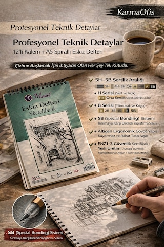 Profesyonel Teknik Çizim Seti 12 Li Kalem 5h-5b + A5 Spiralli Eskiz Defteri 90gr