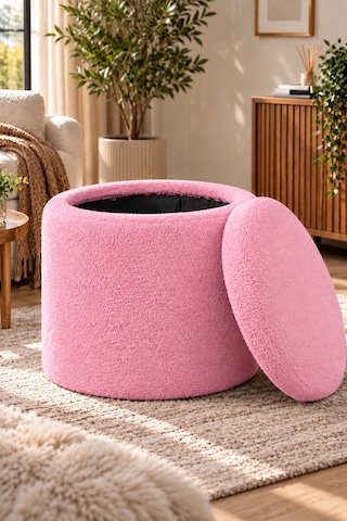 Teddy Kumaş Saklama Alanlı Yuvarlak Puf Antre Ve Yatak Ucu Sehpa Pufu Pembe