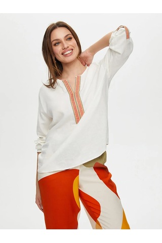Faik Sönmez Yakası Nakışlı 3/4 Kol Ketenli Kadın Bluz Us25blz020 Ekru