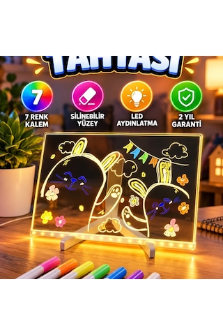 7 Renkli Kalemli Silinebilir Led Akrilik Mesaj Ve Yazı Tahtası
