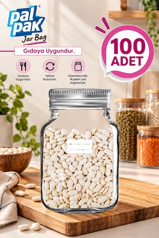 Büyük Boy Gümüş Metal Kapaklı Kavanoz Görünümlü Saklama Poşeti 17x27 Cm-1000 Ml 100 Adet Şeffaf