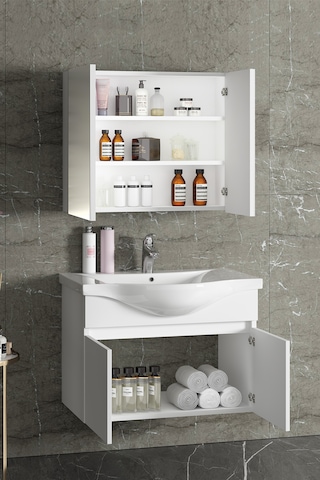 Yıldız 80 Cm Beyaz Mdf Seramik Lavabolu Asma Banyo Dolabı Takımı Beyaz