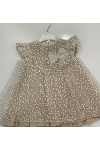 Yazlık Müslin Nokta Desenli Tüllü Taşlı Damla Aksesuarlı Bebe Kız Elbise Bej