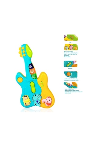 Hayvan Sesleri Çıkaran Işıklı Ninnili Müzikli Gitar İnteraktif Bebek Eğitici Tuşlu Oyuncak - Mavi