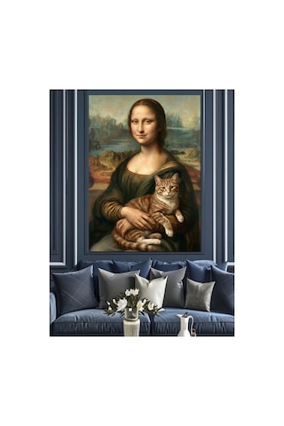 Kedili Mona Lisa Ünlü Ressam Yağlı Boya Dokulu Kanvas Tablo Canvas Tablosu