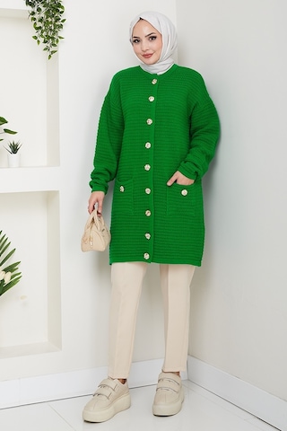 Lezgi Düğmeli Triko Hırka 1599 - Yeşil Yeşil