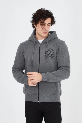 Mbb E-ticaret Erkek 3 İplik Pamuklu Fermuarlı Kapüşonlu Kanguru Cepli Baskılı Hoodie Hırka Sweatshirt - Füme