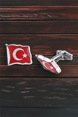 Gümüş Dalgalı Türk Bayrağı Mineli Kol Düğmesi