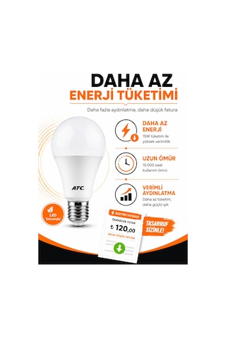 Atc 15w Led Ampul 10'lu Paket E27 Beyaz Işık 6500k 1350 Lümen Tasarruflu Led Ampul