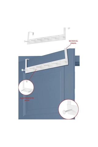 Pratik 6'lı Metal Kapı Arkası Askısı - 30 Kg Taşıma Kapasiteli Beyaz, 46.5 Cm