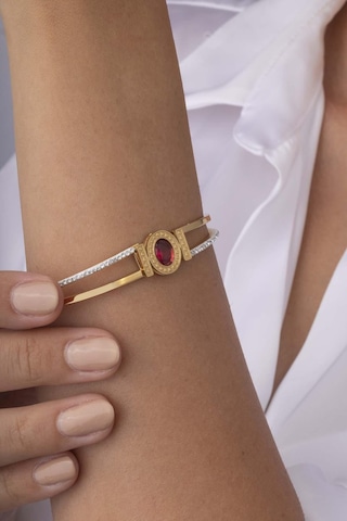 Gümüş Pazarım Kırmızı Taşlı Çift Şeritli Altın Kaplama Kadın Çelik Kelepçe Bileklik Renkli