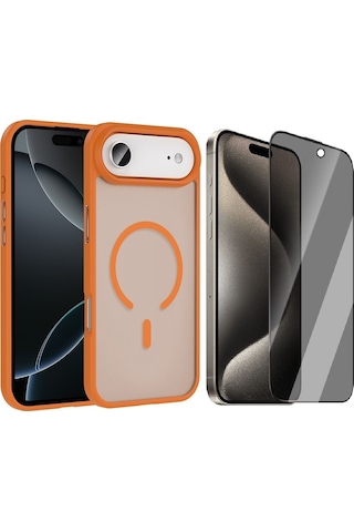 Vendas Apple Uyumlu iPhone 17 Air Kılıf M-safe Şarj Özellikli Mat Arka Yüzey Zore Sio Kapak + Hayalet Ekran Koruyucu Turuncu