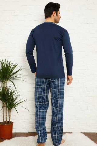 Farya Home Dreamy Ekoseli Kısa Kollu V Yaka Cepli Erkek Pijama Takımı Lacivert Beyaz Beyaz - Lacivert