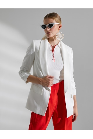 Koton Melis Ağazat X Koton - Relax Fit Keten Karışımlı Blazer Ceket Kırık Beyaz 3sak50074pw 3SAK50074PW001 Ekru
