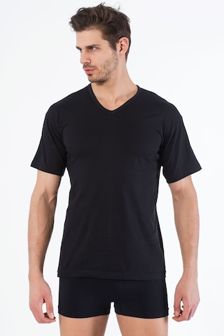Siyah İnci Pamuklu V Yaka Kısa Kol T-shirt Siyah