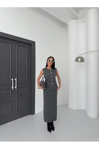 Kadın Düğme Detaylı Yelek Uzun Etek Alt Üst Triko Takım Antrasit