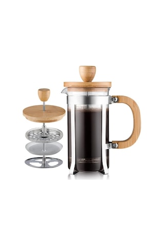 Özel Üretim Ahşap Detaylı 600 Ml Cam French Press Sunum Gereci Kahve Demleme Çeyiz Ürünü Ahşap - Şeffaf