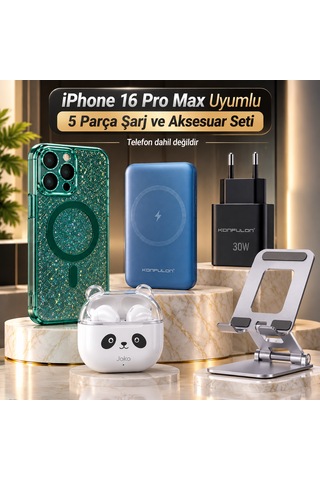 İphone 16 Pro Max Uyumlu 5 Parça Şarj Ve Aksesuar Seti - Kılıf, Powerbank, Adaptör, Kulaklık Ve Stand 01