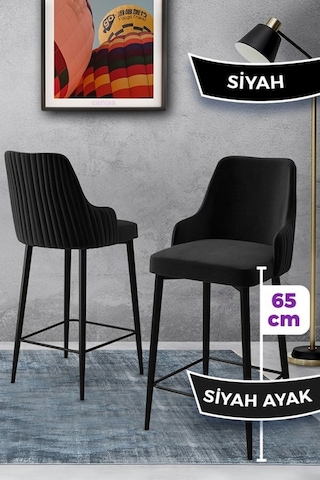 Canisa Tera Serisi 2 Siyah Sandalye 65 Cm Ada Mutfak Bar Sandalyesi Babyface Kumaş Siyah Metal Ayaklı Sandalyeler Siyah Ayaklar Siyah
