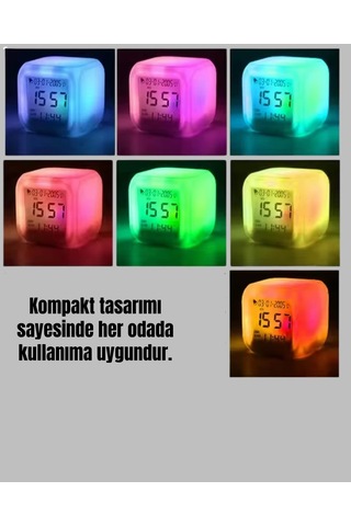 Hubrendy Kargo 7 Renk Led Işıklı Alarmlı Dijital Küp Masa Saati Termometreli 521774
