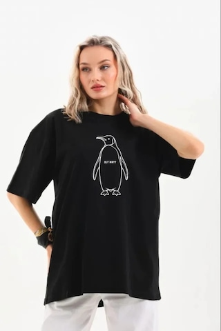 Butik İstanbul Nihilist Penguen Özel Tasarım Oversize Bisiklet Yaka Tişört - Siyah
