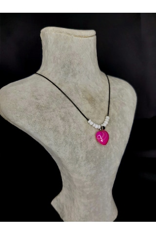 Mryart Doğal Taş Kalp Uçlu Kolye Pembe Oniks Taşı & Beyaz Boncuklu Fuşya