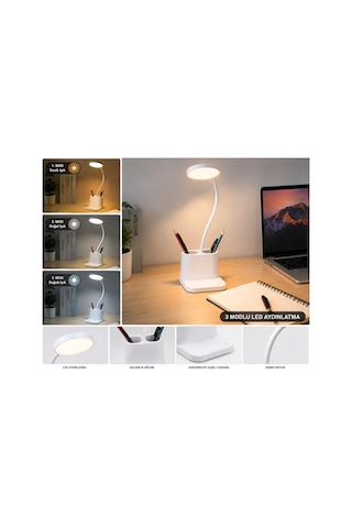 3 Modlu Led Masa Lambası Ve Kalemlik Esnek Boyunlu Dokunmatik Çalışma Lambası, Kalem Organizerli Masaüstü Aydınlatma, Beyaz 27911430