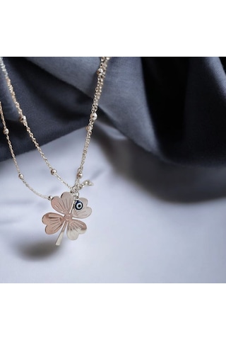 Gümüş Renk Dört Yapraklı Yonca Ve Nazar Boncuğu Kolye Şans Semb Gold