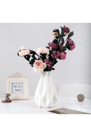 Çiçekler İçin Plastik Vazo Kırılmaz Beyaz Çiçek Vazosu Geometrik Vazo Seramik Görünümlü Ev Dekorasyonu İçin Plastik Vazo Beyaz
