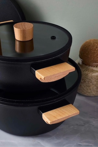 Cookwood Black 9 Parça Tencere Tava Seti Indüksiyon Tabanlı Ahşap Saplı 18080 Siyah