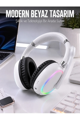 Kablosuz Bluetooth Mikrofonlu Beyaz Kulaklık Rgb Işıklı