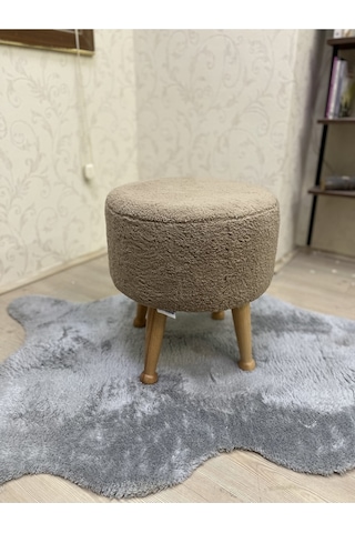 Asedia Miskin Naturel Teddy Kahve Ahşap Ayaklı Peluş Puf Makyaj Koltuğu Yuvarlak Tabure
