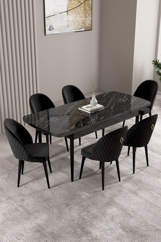 Milas Siyah Mermer Desen 80x132 Mdf Açılabilir Mutfak Masası Takımı 6 Adet Sandalye Siyah