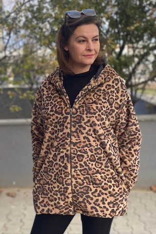 Mia Butik Büyük Beden Camel Leopar Deseli Ceket Camel