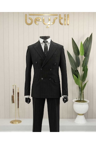 Standart Bys Beystil Sivri Yaka Siyah Çizgili Kruvaze Takım Elbise 53151 - Slim Fit