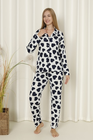 Wordex Mirano 9508 Kalpli Milan Yumuşak Kumaş Boydan Düğmeli Kadın Pijama Takımı Beyaz-lacivert