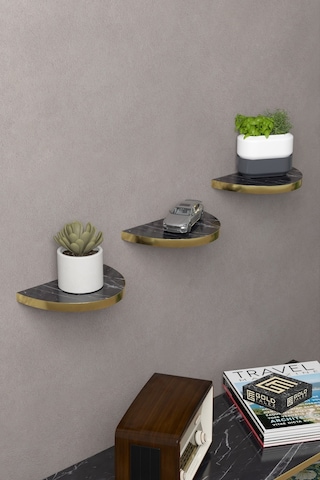 Duvar Rafı Dekoratif 3 Adet Çiçeklik Oval Altın Bendir