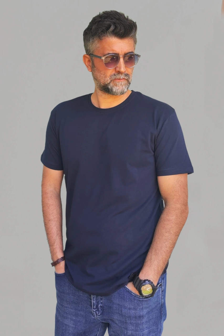 Erkek Lacivert Slim Fit Bisiklet Yaka Pamuk Elastan Basic Tişört Vk-erkektişört-tekli Lacivert