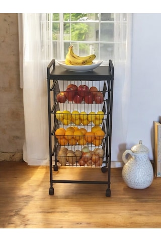 Tekerlekli̇ Metal Sebzeli̇k 4 Raflı Tel Sepetli̇ Çok Amaçlı Stand
