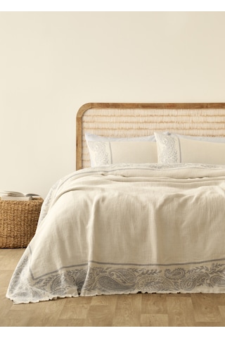 %100 Pamuk Paisley Jakarlı Çift Kişilik Yatak Örtüsü Seti Mavi 240x260 Cm
